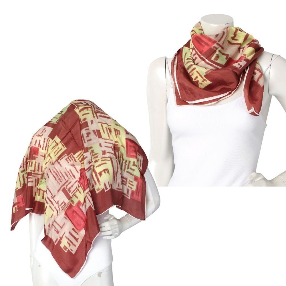 Vintage Geometric Scarf Brown Green Red Cream Block Pattern Square 29x29 Silky